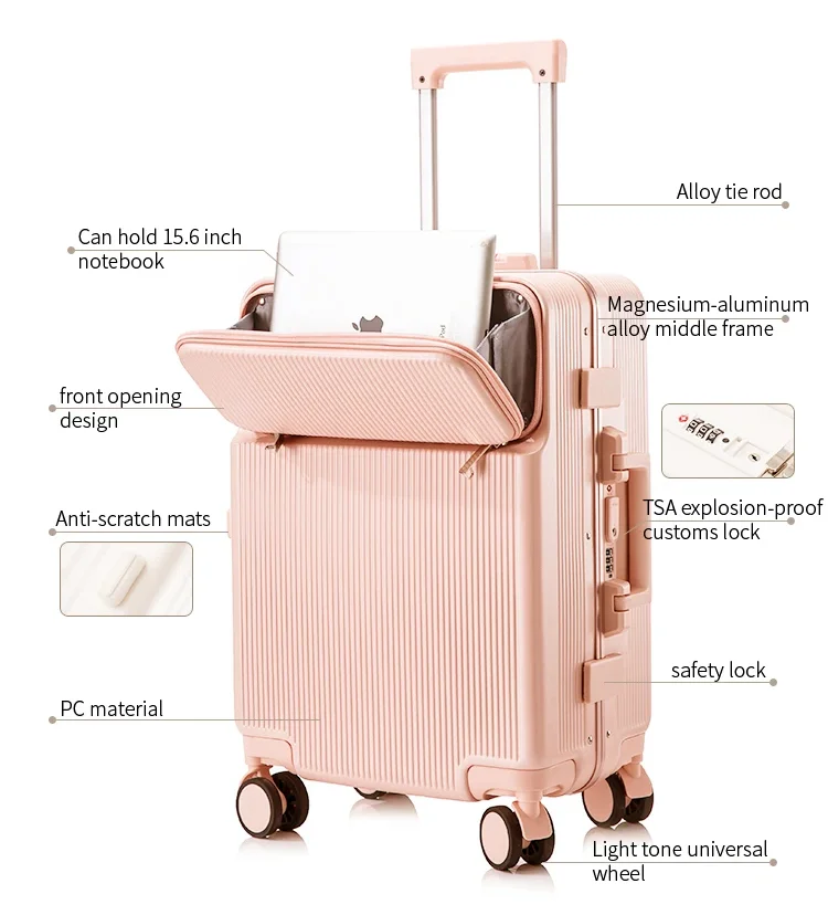 Multifunctional Luggage with front pocket Lightweight Hard side Suitcase Travel Luggage And Cup Holder Aluminum frame with TSA