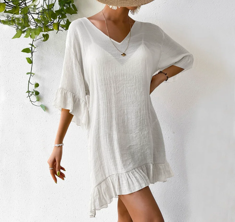 Back Tunic Linen Beach Caftan Swimwear Cover Ups STOCK Two Colors V-NECK Ruffle Hem Crochet