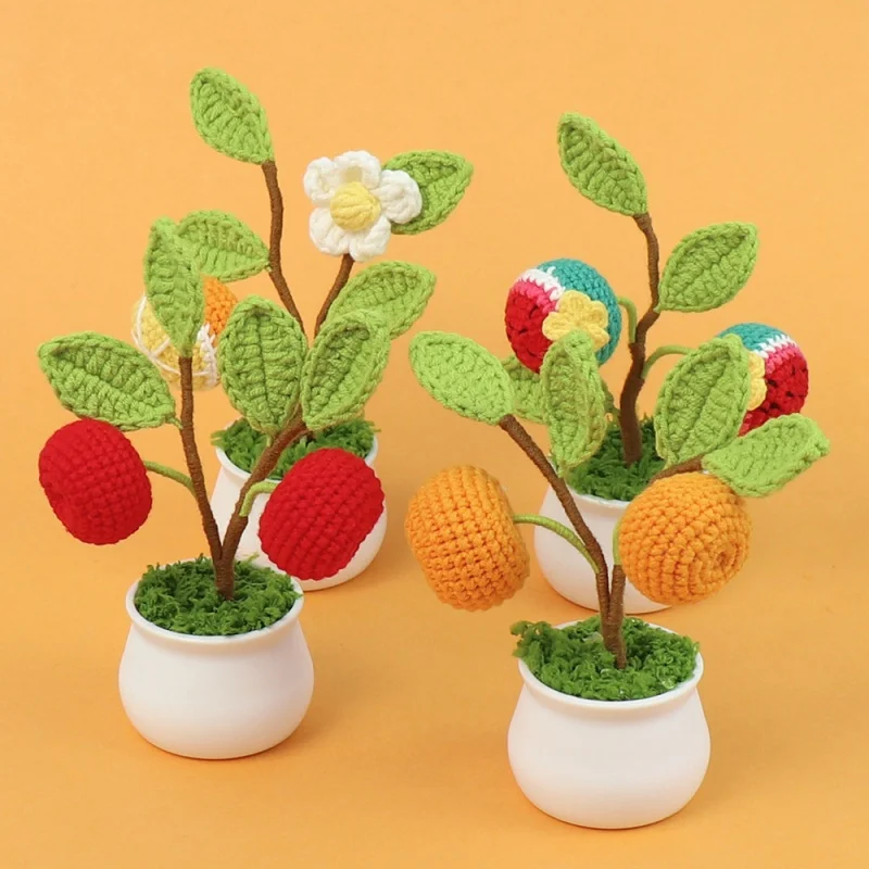 H096 Handmade Crocheted Fruit Series Potted Persimmon Apple Orange Watermelon Simulation Flowers Woolen Small Ornaments