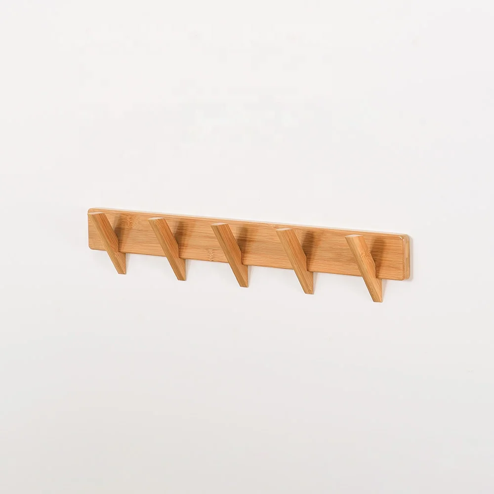 Modern Large Wood Wall Coat Rack with 5 Hooks Single-Tier Organization Kitchen Bathroom Clothing Hanger Bamboo Clothes Hanging