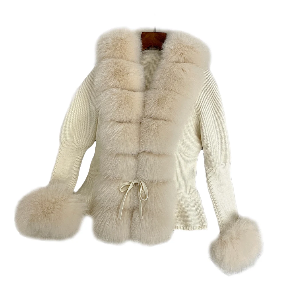 CX-G-A-291F Ladies Slim Fleece Winter Warm Wool Puff Sleeve Jacket Knitted Sweater Cardigan with Real Fox Fur Collar