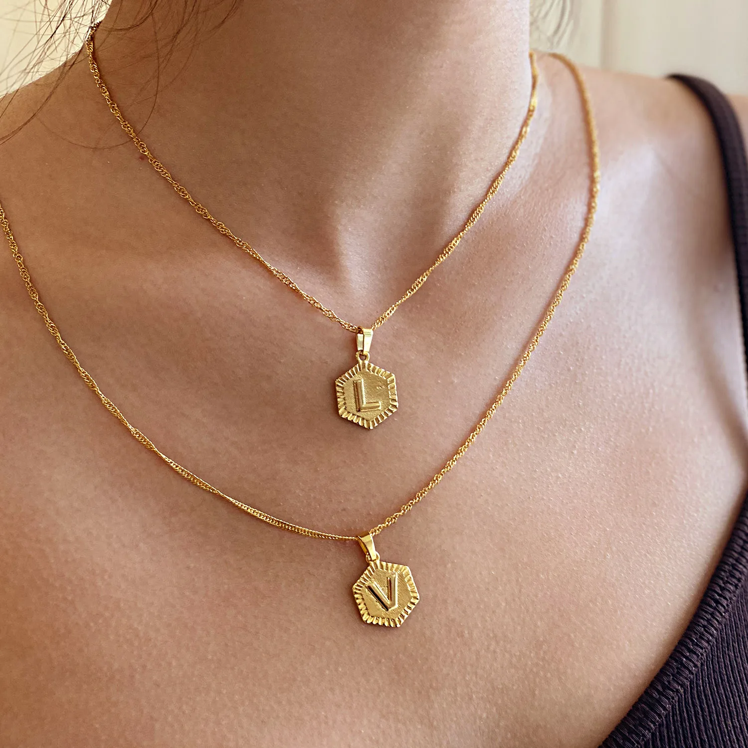 Custom Fashion 18K Gold Plated Necklace Set Pendant Jewelry Hexagon Chain Letter A-Z Initial Stainless Steel Necklaces For Women