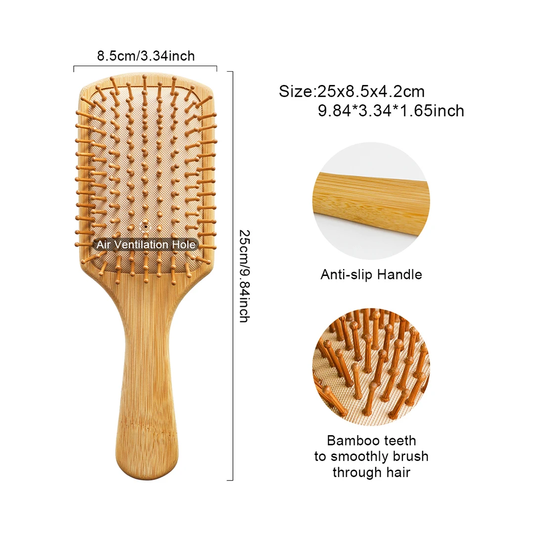 Customized LOGO Natural Bamboo Wood Hair Comb Styling Curly Paddle Bamboo Hair Brush for Home Use Common Comb Set