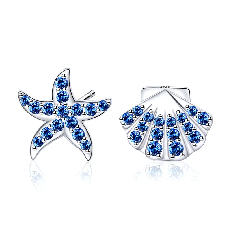 Hot sale quality 925 sterling silver blue zircon starfish shell asymmetric stud earrings for women