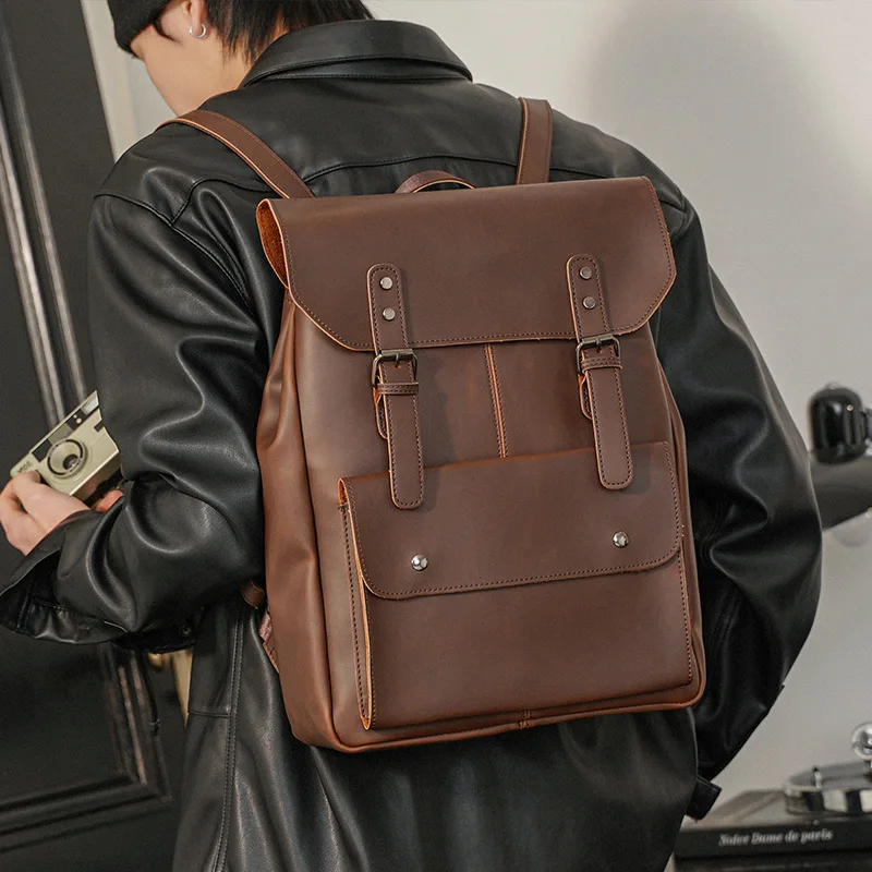 Vintage Waterproof Durable PU Leather Bag For Men Unisex Crazy Horse Leather Backpack