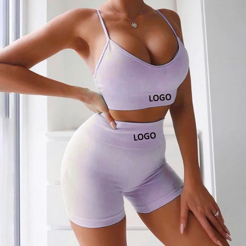
2020 New Logo Fitness Purple Scrunch Spandex Women Sport Yoga GYM Short Biker 2 Piece Seamless Yoga Set Shorts 