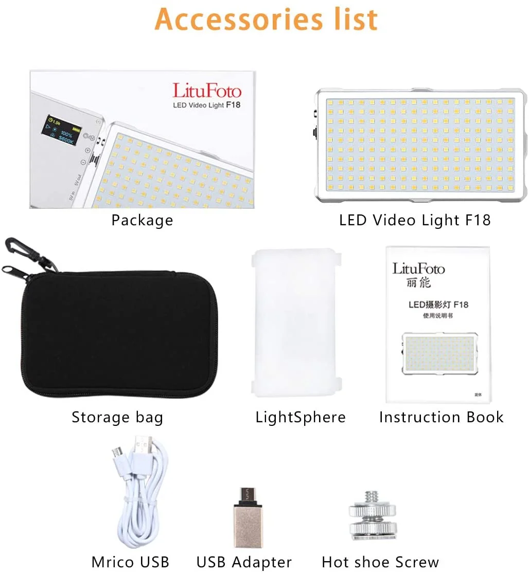 LituFoto F18 Professional Camera Light Bi-color Video Light with OLED Display 3200-5600K for Shooting  Photography