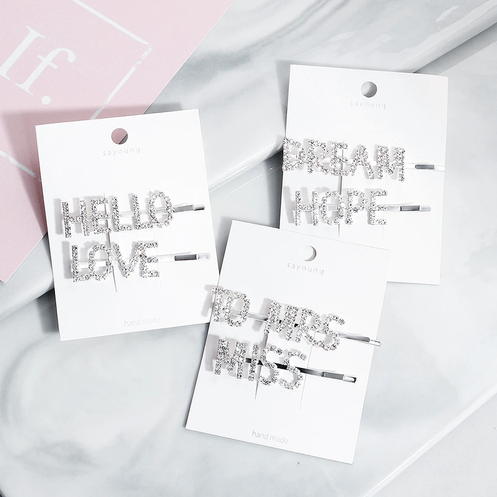 2pcs/lot Hot Sale Fashion Word Hair Clips Austrian Crystal Barrettes for Women Hair Pins Stick Headpieces Accessories