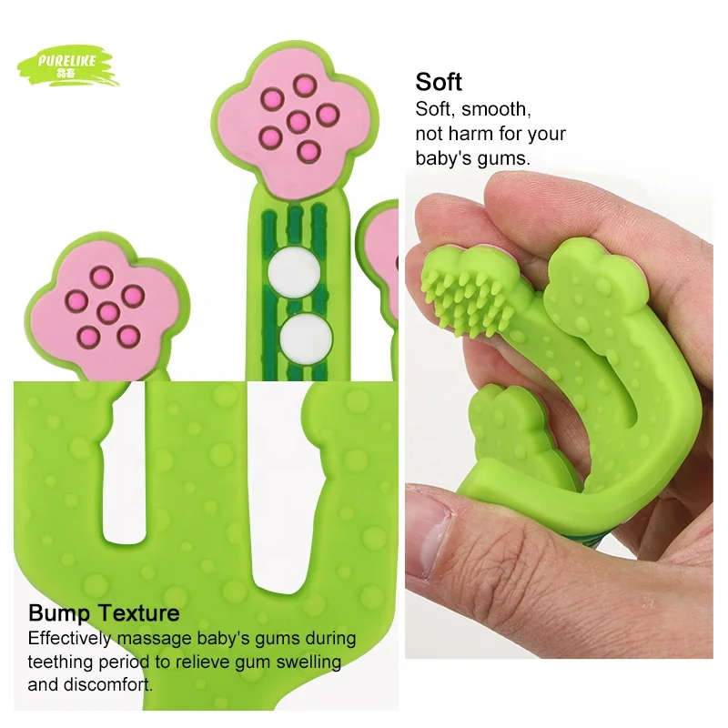 Food Grade Silicone Material Fun Sensory Motor Aids Risk Free Trial Cactus Flower Teether with pacifier clip