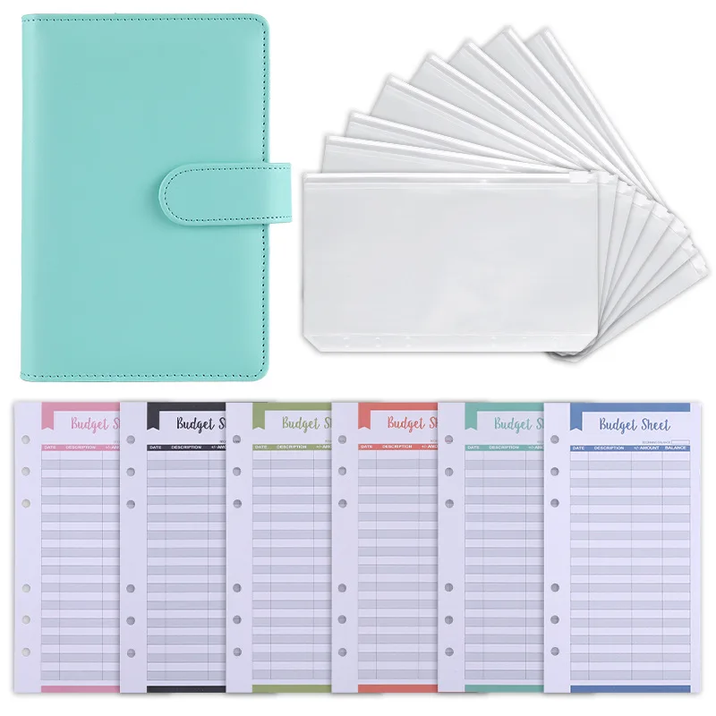 Hot Selling PU 6 Ring Binder Notebook Agenda Planner 8pcs Zipper Clear Cash Envelopes 12pcs A6 Budget Binder