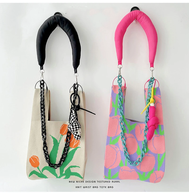 Fashion Design Flower Pattern Knitted Handbag Cute Ladies Casual Crochet Wallet Knitted Tote Bag