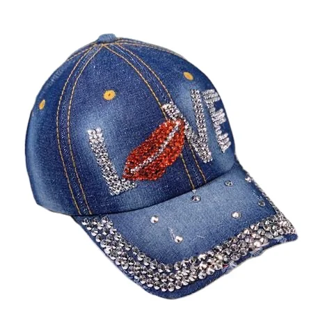 Women Distressed Denim Baseball Cap Rhinestone Jeans Bejeweled Crown Sparkle Bling Hat