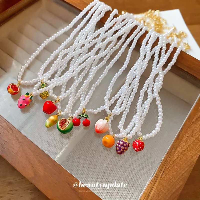 Real Gold Electroplated Pearl Fruit Series Pendant Necklace French Sweet Design Clavicle Chain Fashion Elegant