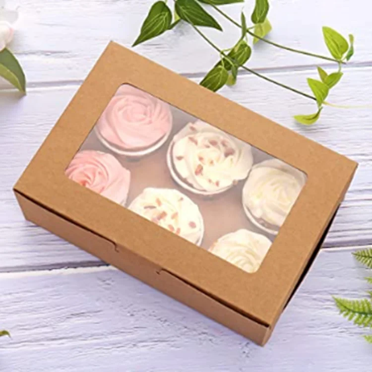  6 cavity Kraft Paper Cupcake Boxes nice Chocolate packing box with Clear Windows Containers Carriers