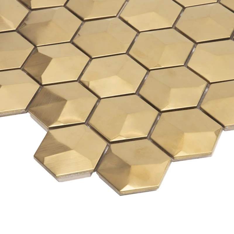 Mosaique Decorative Metallic Aluminum Gold  Brushed 3d Wall Hexagonal Metal Mosaic Tile