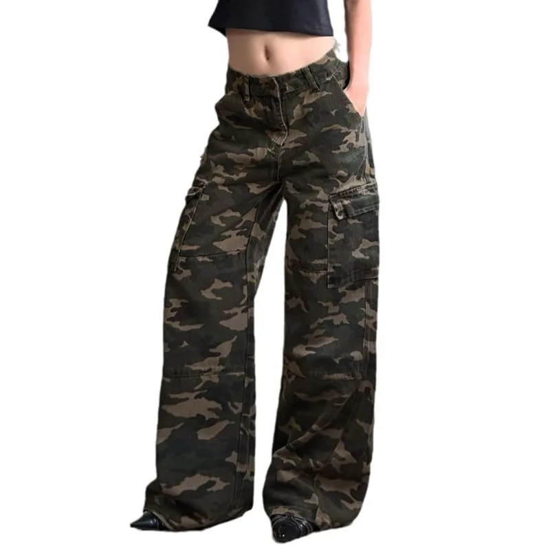 Workwear Style Camouflage Multi-pocket Loose Jeans Women Street Cool Low Waist Slimming Trousers