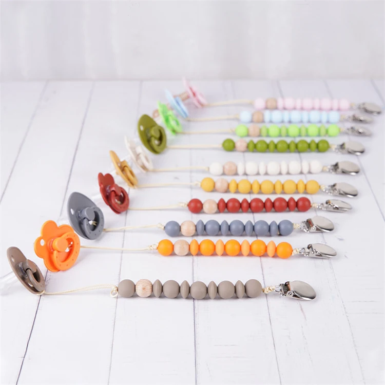 BPA Free Soft Toddler Silicone wood Beads Dummy baby pacifier clip nipple