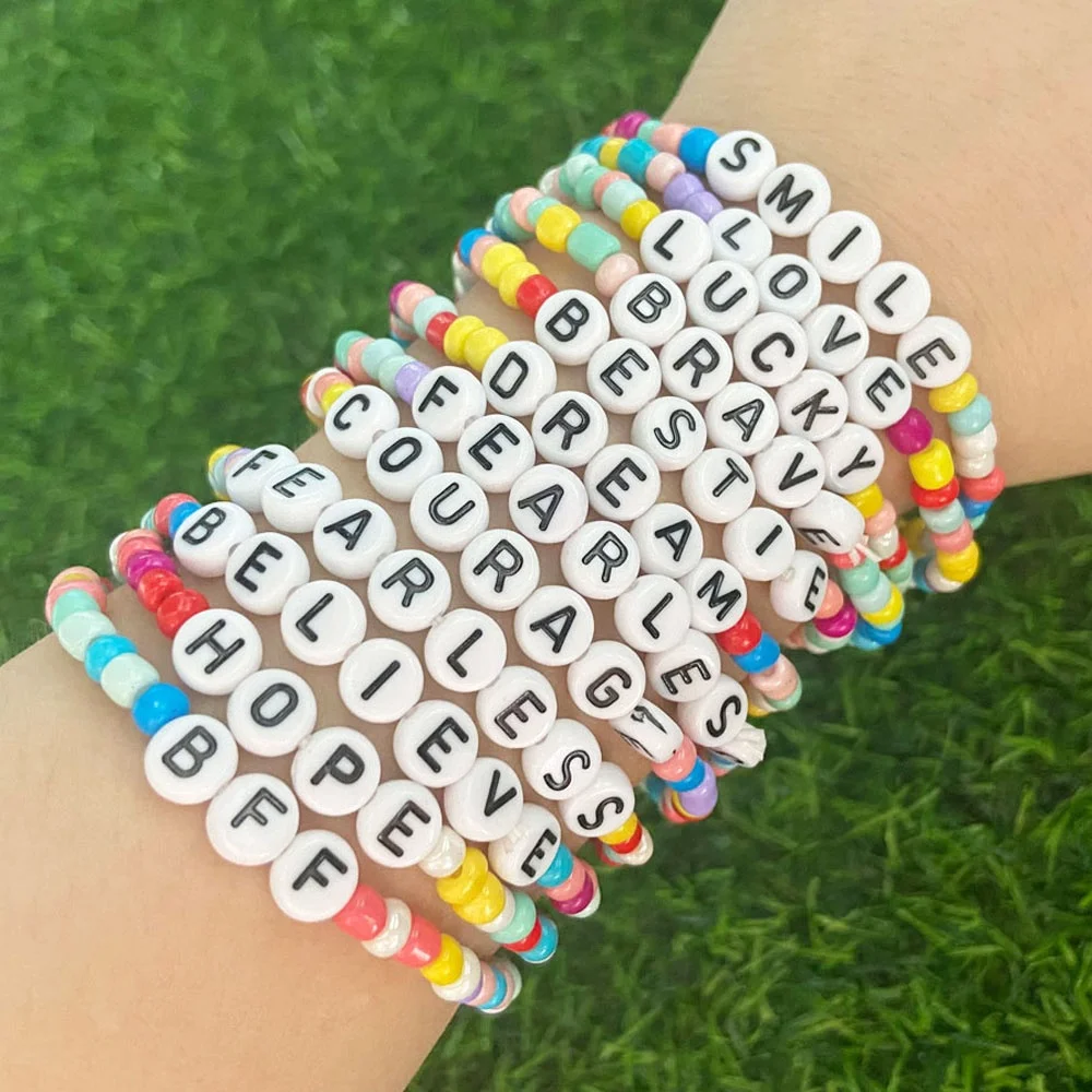 Custom Colorful Stretch Seed Beaded Bracelet for Women Monogram Initials LUCKY Friendship Bracelets