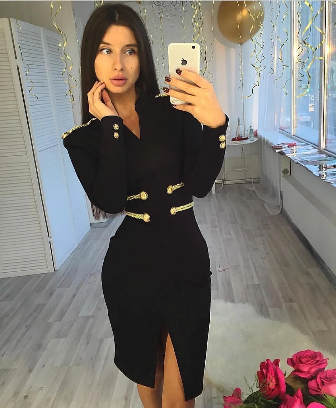 Long Sleeve Graceful Black Autumn Causal Bodycon Women Dress Simple V-neck Split Button Bandage Dress
