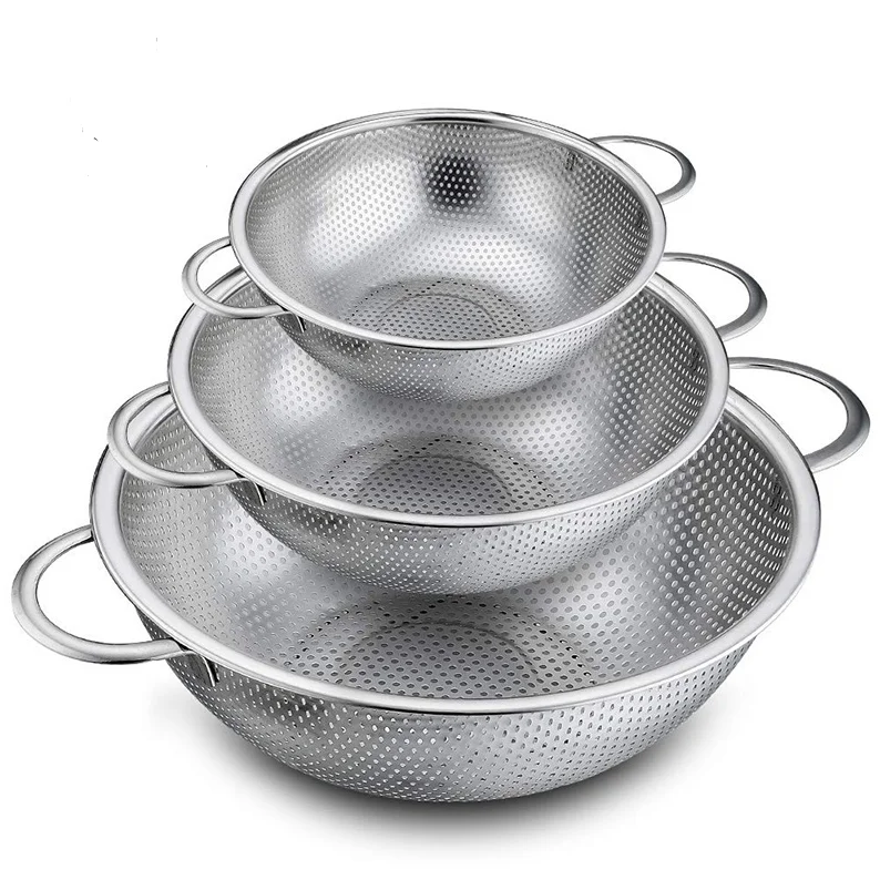 3 in 1 Heavy duty handles self-draining base stainless steel kitchen sink colander set