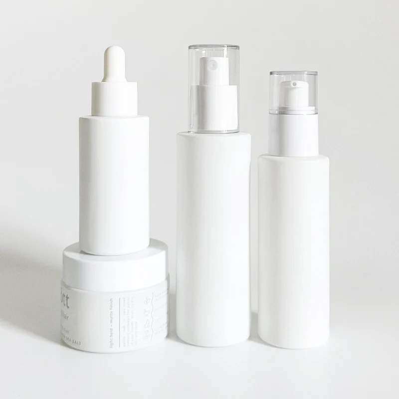Matte white glass cosmetic set 30 ml 40 ml 60 ml 100 ml 120 ml spray pump lotion bottle cream jars