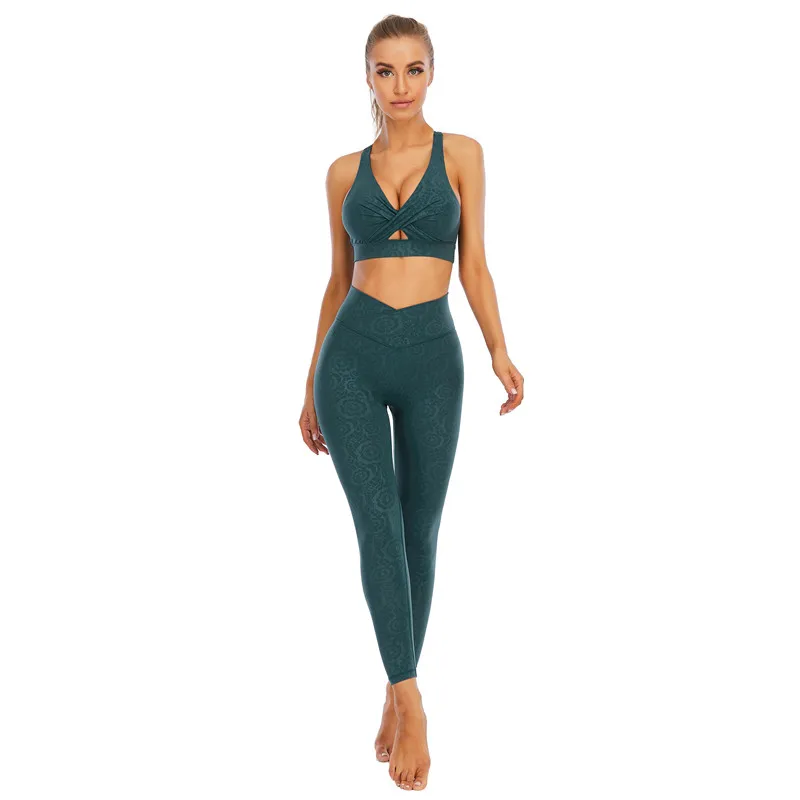 Eation 2023 Fashion High Quality Sustainable Nylon Spandex Embossed Fitness Yoga Wear Women 2 Pieces Suits Yoga Set