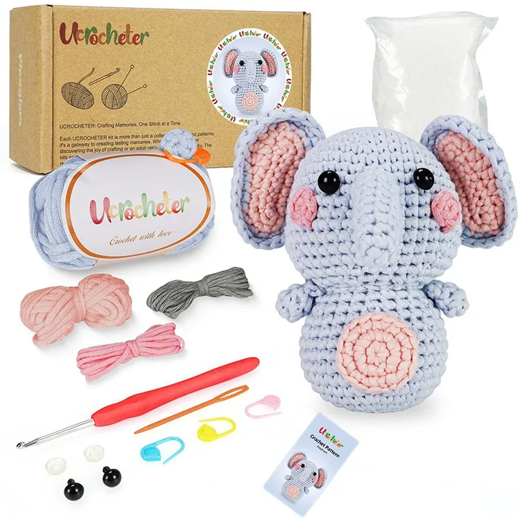Beginners Yarn Knitting DIY Material Package Elephant Decor Cute Doll Yarn Crochet Kit with Step by Step Video Tutorials