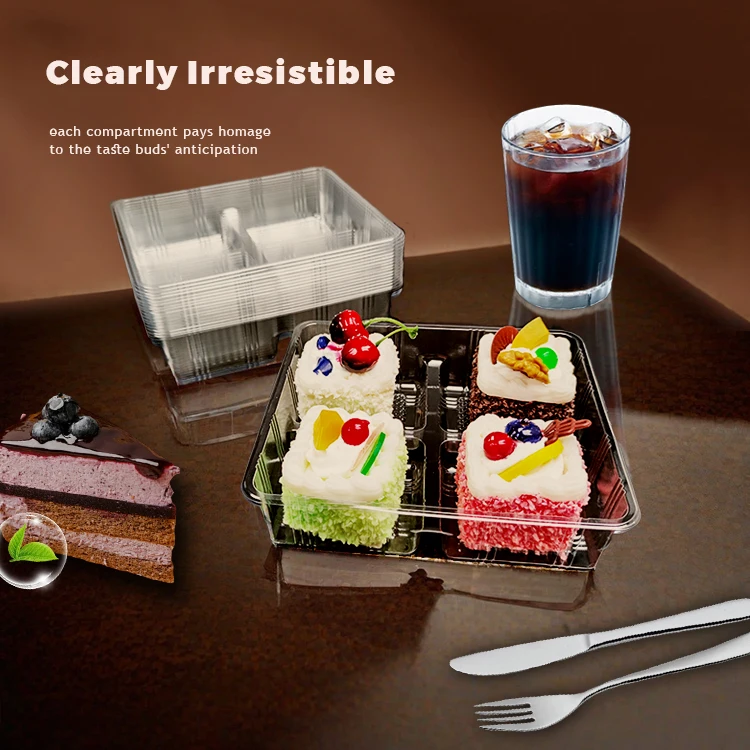 Factory customized PET Plastic dessert slice packaging tray suitable for cake sushi pastry cookies dumpling with 4 divisions.