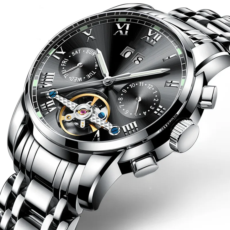 
Swiss mens watches business automatic skeleton tourbillon stainless steel relojes 