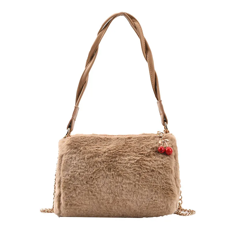 Women Solid Color Fur Bag Golden Chain Cherry Hemp flowers Underarm Bag 2021 Fashion Korea Style Soft Faux Fur Furry Handbags