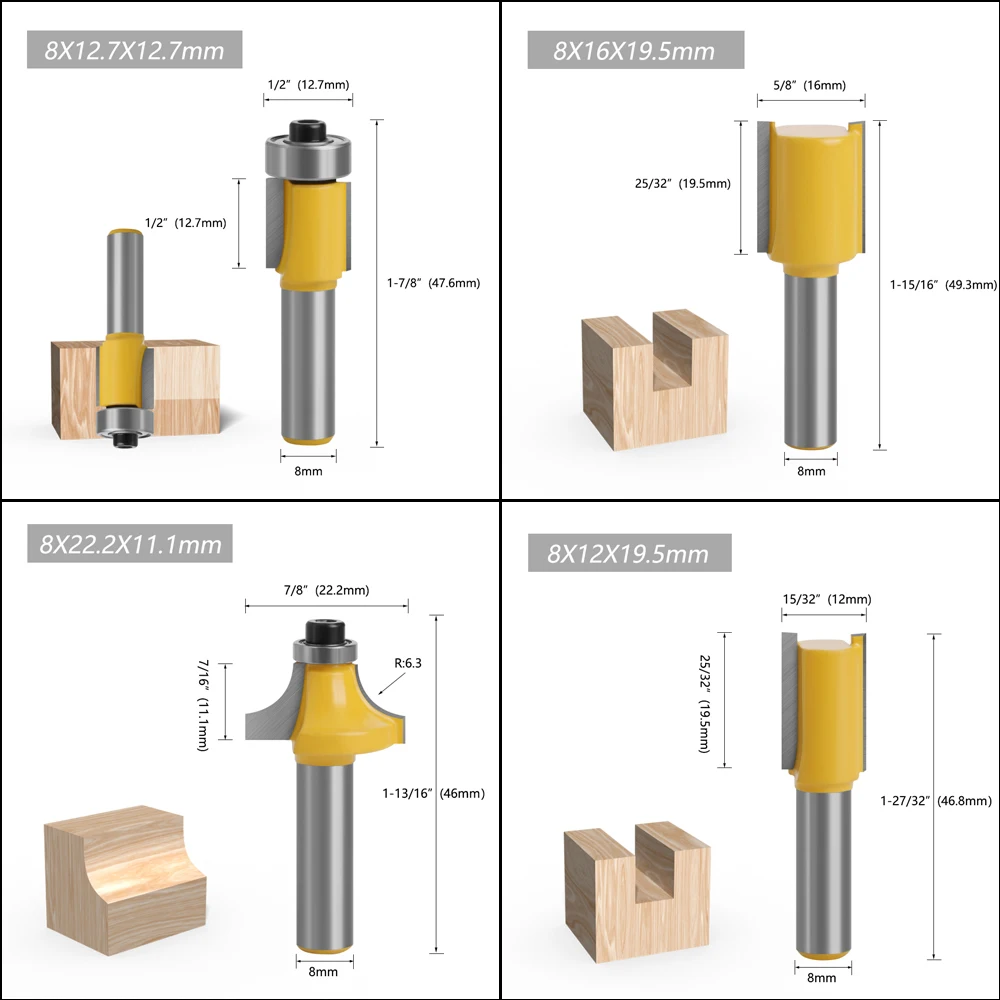 LAVIE 12pcs 6. 8.1/2.1/4 Shank Wood Packing  Router Bit Set Trimming Straight Milling Cutter For Wood Working Tungsten Carbide