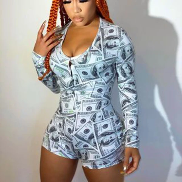 
Deep V-neck Lounge Sleepwear Printing Custom Onsies Pajamas Adult Leotard Long Sleeve Nightwear For Woman 