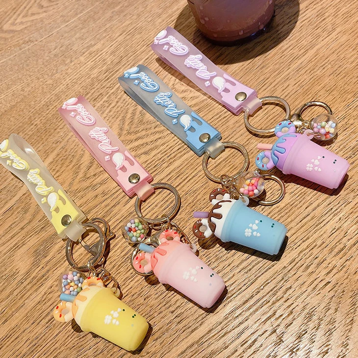 Custom Creative Ice Cream Milk Tea Mini 3D Pvc Keychain Metal Keyring Car Accessories  Rubber Key Chains