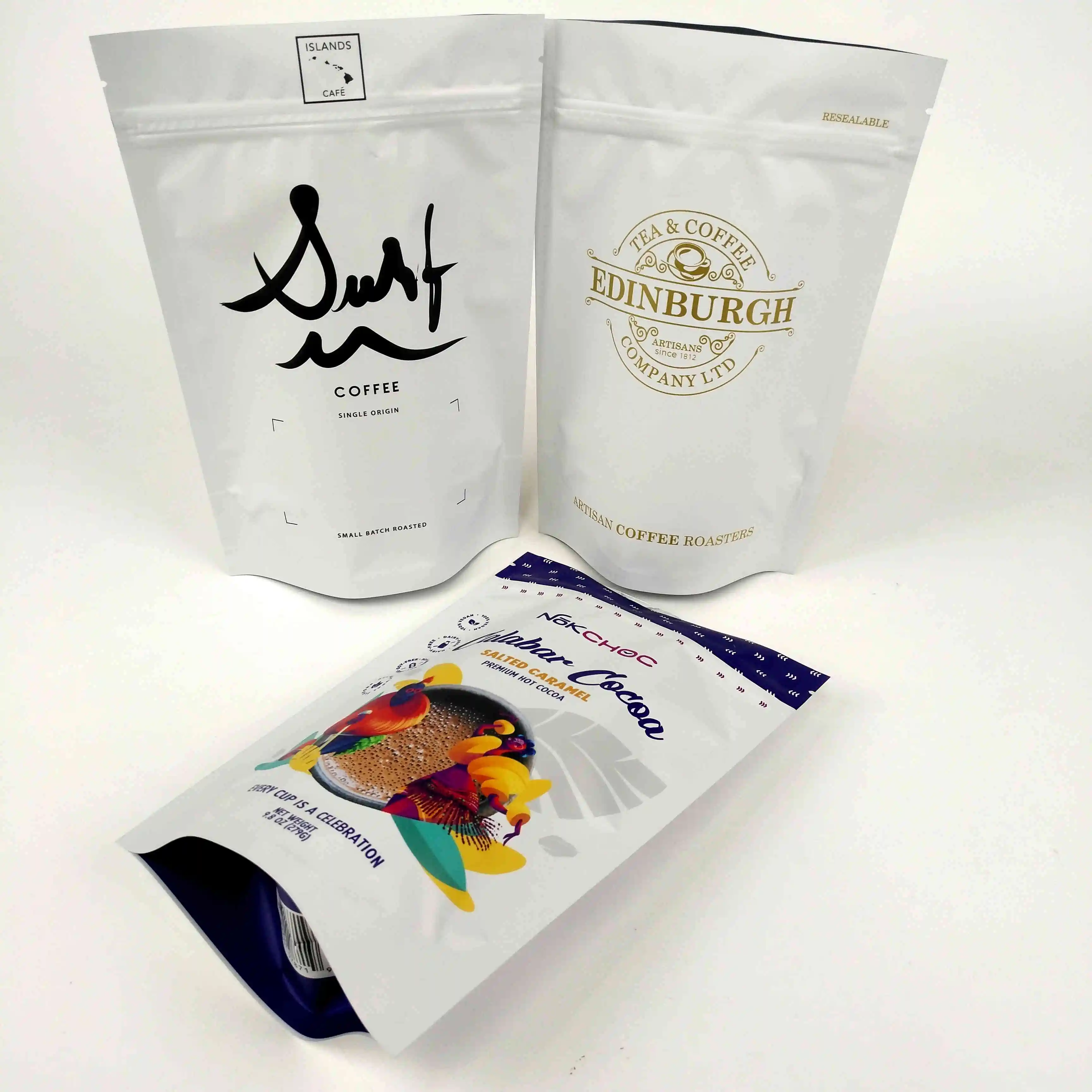 Custom 200g 300g Zip Lock UV Printed Bags Custom Printed Mylar Bags For Tea Cocoa Bean Coffee Bags With Valve