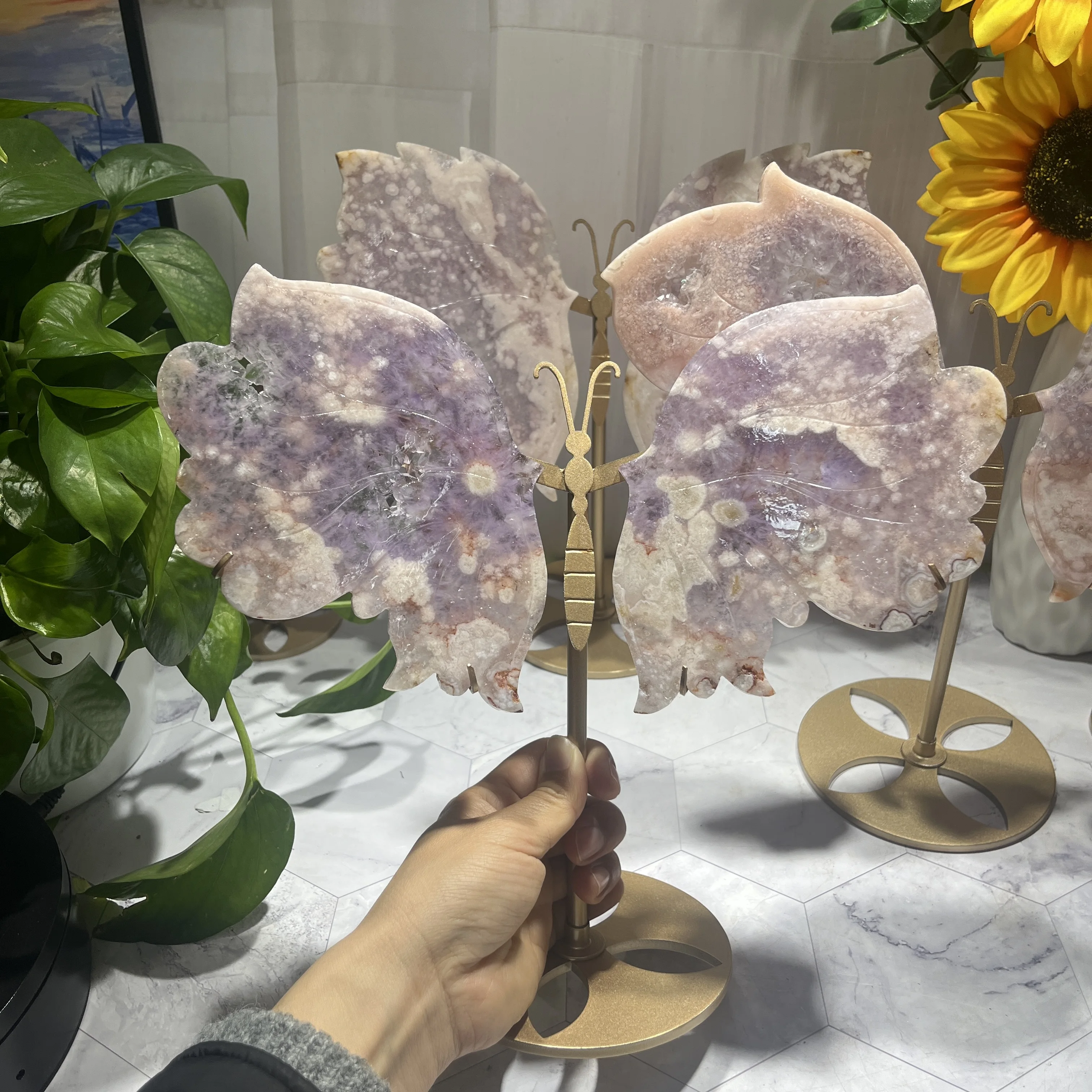 Wholesale Wing Shape Agate Crystals Healing Stones Pink Flower Agate Wings For Feng Shui