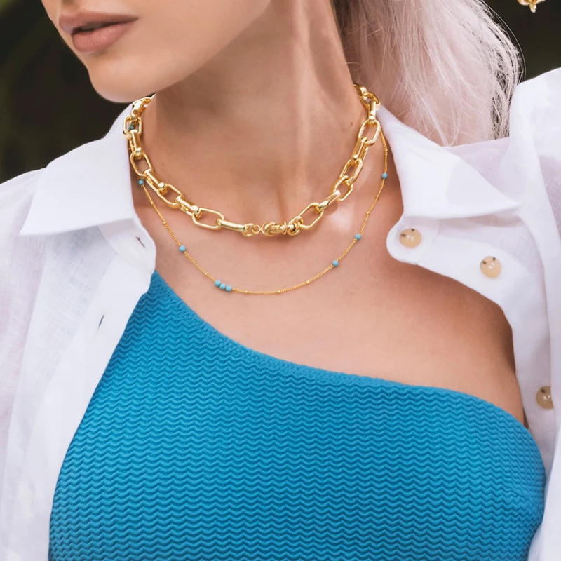 Delicate Stainless Steel 18K Gold Skinny Satellite Chain Necklace Riviera Turquoise Bead Chain Choker Necklace for Women