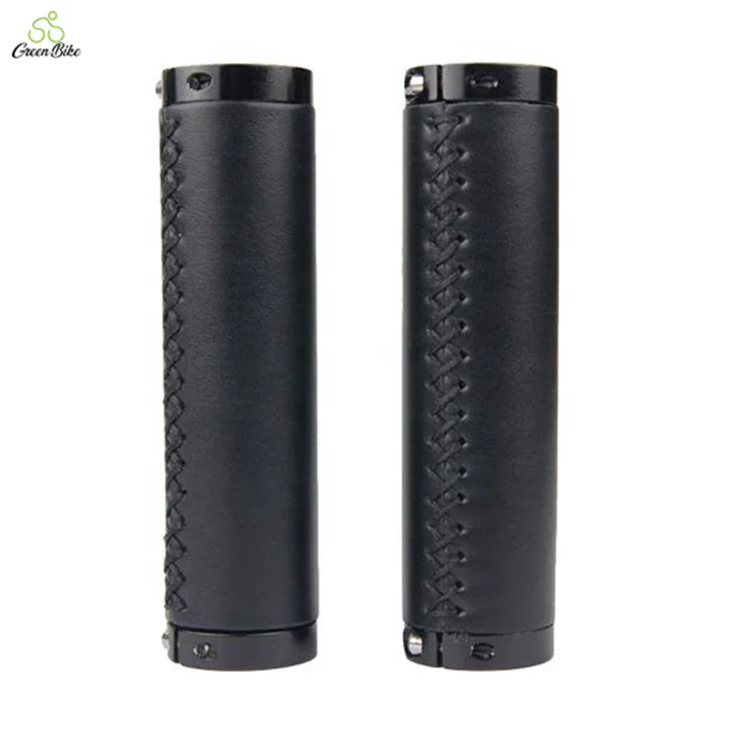 Vintage Cowhide Grip Cover Lockable Bike Handlebar Grips  Non-slip PU Leather Riding Accessories Bicycle Grips