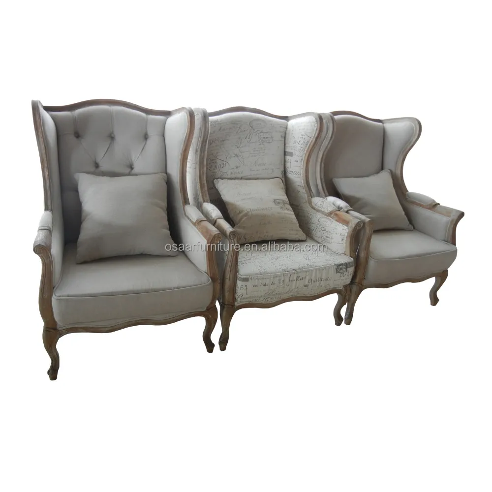 French Style Living Room Furniture Tufted Antique Wooden Wing Back Chairs