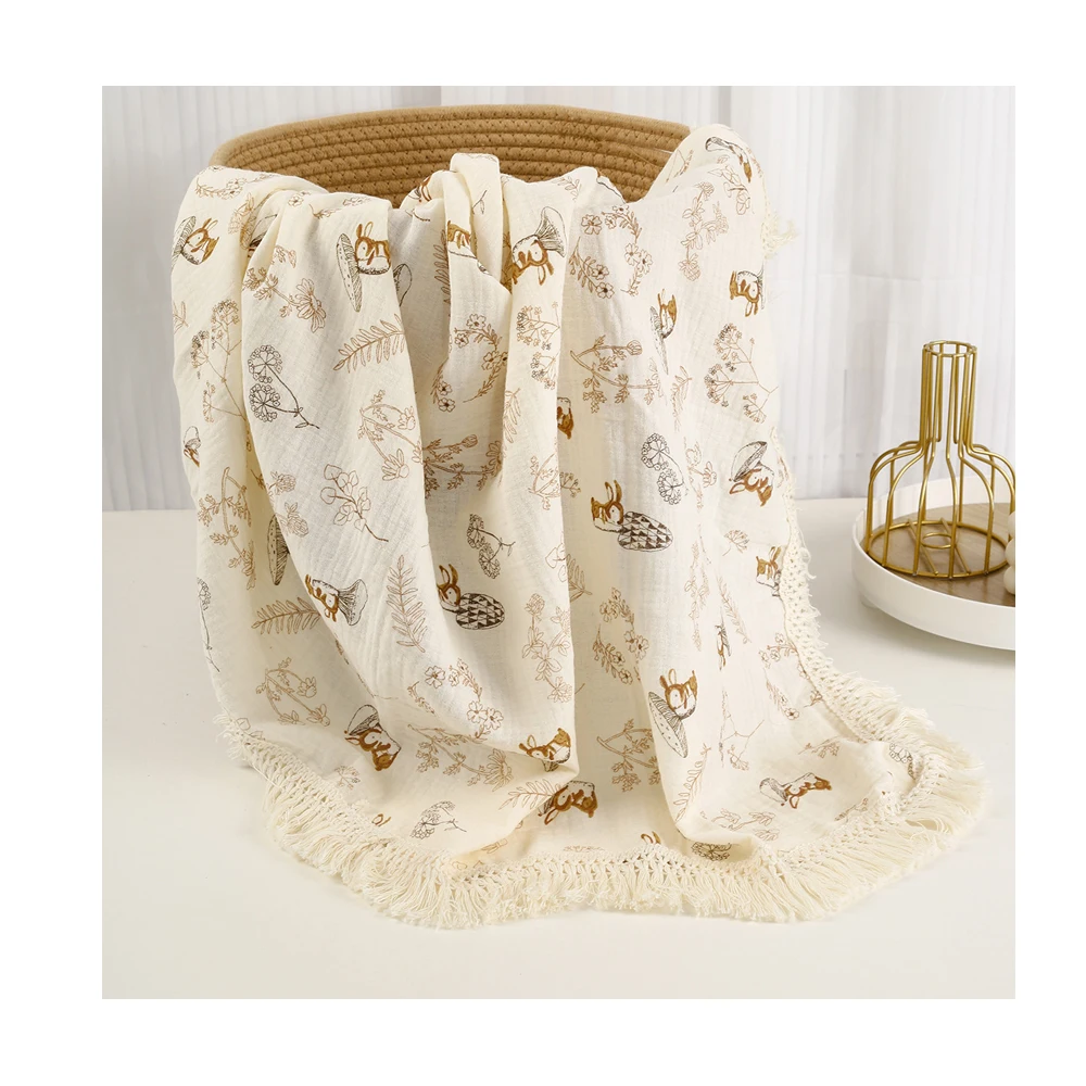 Elinfant baby muslin swaddle wraps towel Infants 100% cotton printed tassel blanket  for baby
