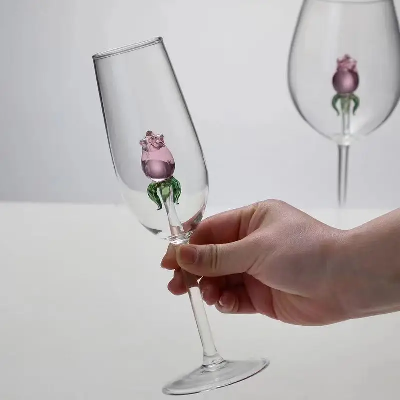 Long Stem Vintage Clear Glass Goblets Cup With Pink Rose Flower Glass Inside