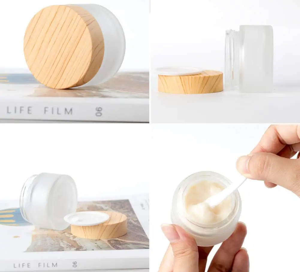  Wholesale recycled glass jars with plastic bamboo lids frosted cosmetic for body