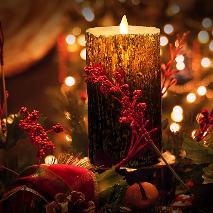 Pine Bark Effect Flameless Candles Battery Operated Pillar Real Wax Flickering Electric LED Candle Sets with Remote Control