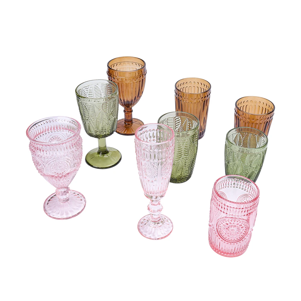 Wholesale Glasses Embossed Champagne Glass Goblet Party Wedding Decoration Luxury Red Pink Wine Glasses Cups Set