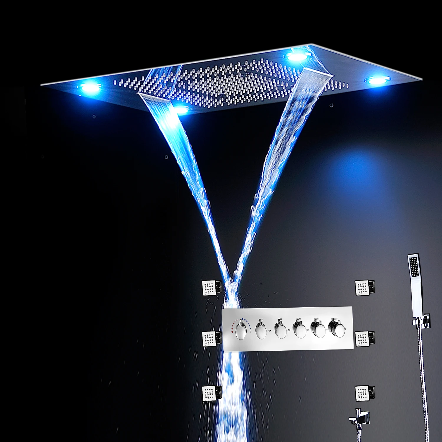 800*600 mm Shower Thermostatic Valve Multifunctional Luxury Rain Waterfall Led Shower Body Jet Shower Set
