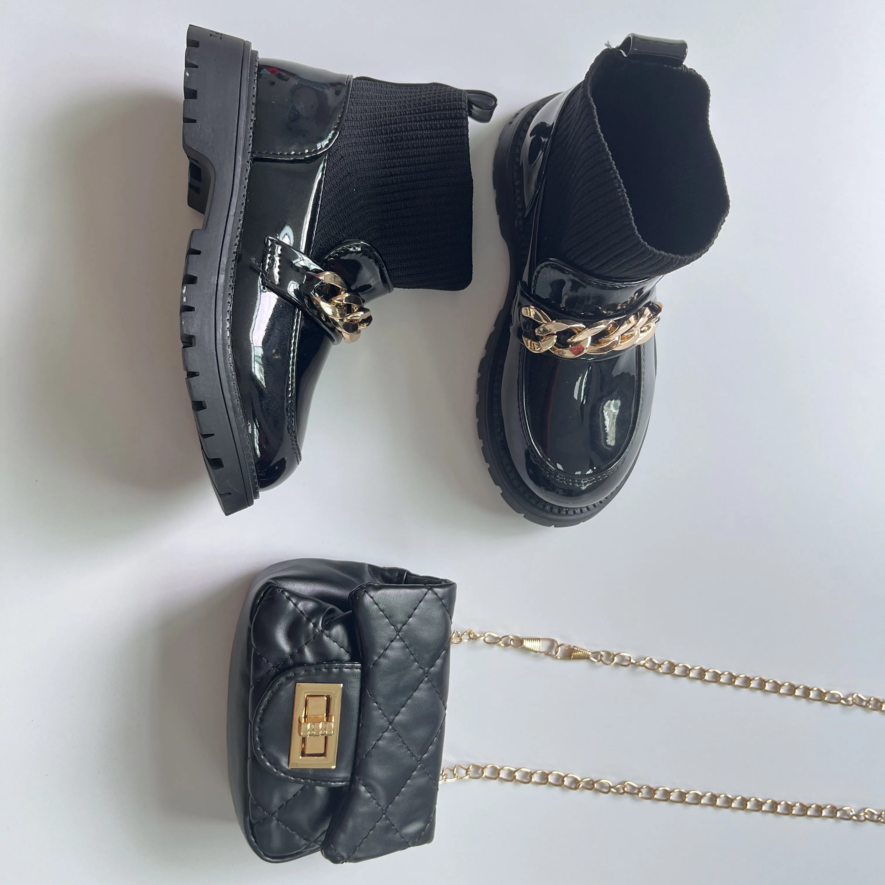 Kids Bootie EVA Rubber Sole Kids Winter Shoes PU Leather Waterproof Autumn Ankle Boots Metal Chain Sock Boots Girls Boot