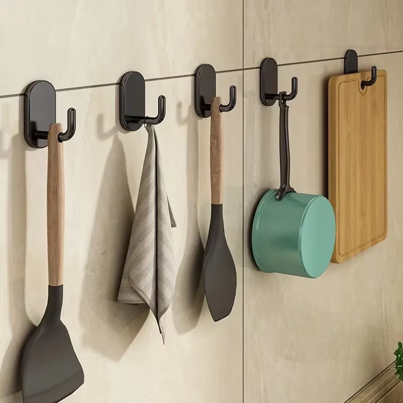 Clothes Hanger Towel Hooks Heavy Duty Sticker Strong Adhesive Wall-mounted Black Stainless Steel Hook
