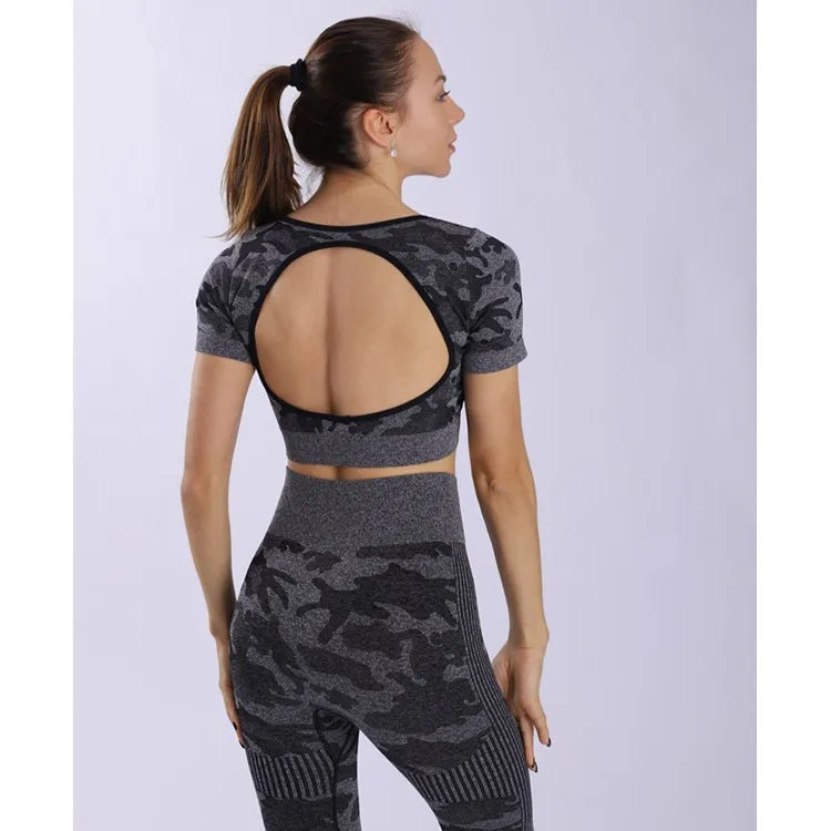 Seamless Sport Suit Women Fitness 2pcs Yoga Set Workout Clothes Gym Short Sleeve Crop Top High Waist Leggings Running Sportswear