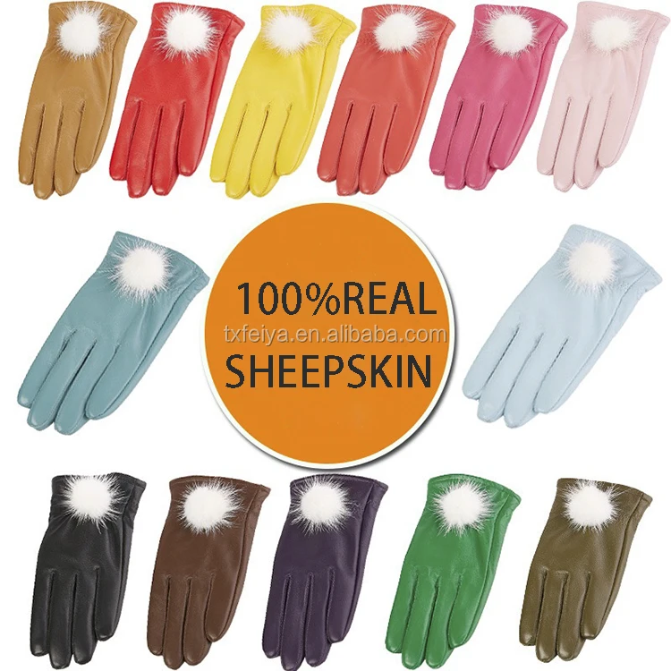 Girls Custom Made Luxury Real Mink Fur Ball Genuine Leather Gloves for Winter