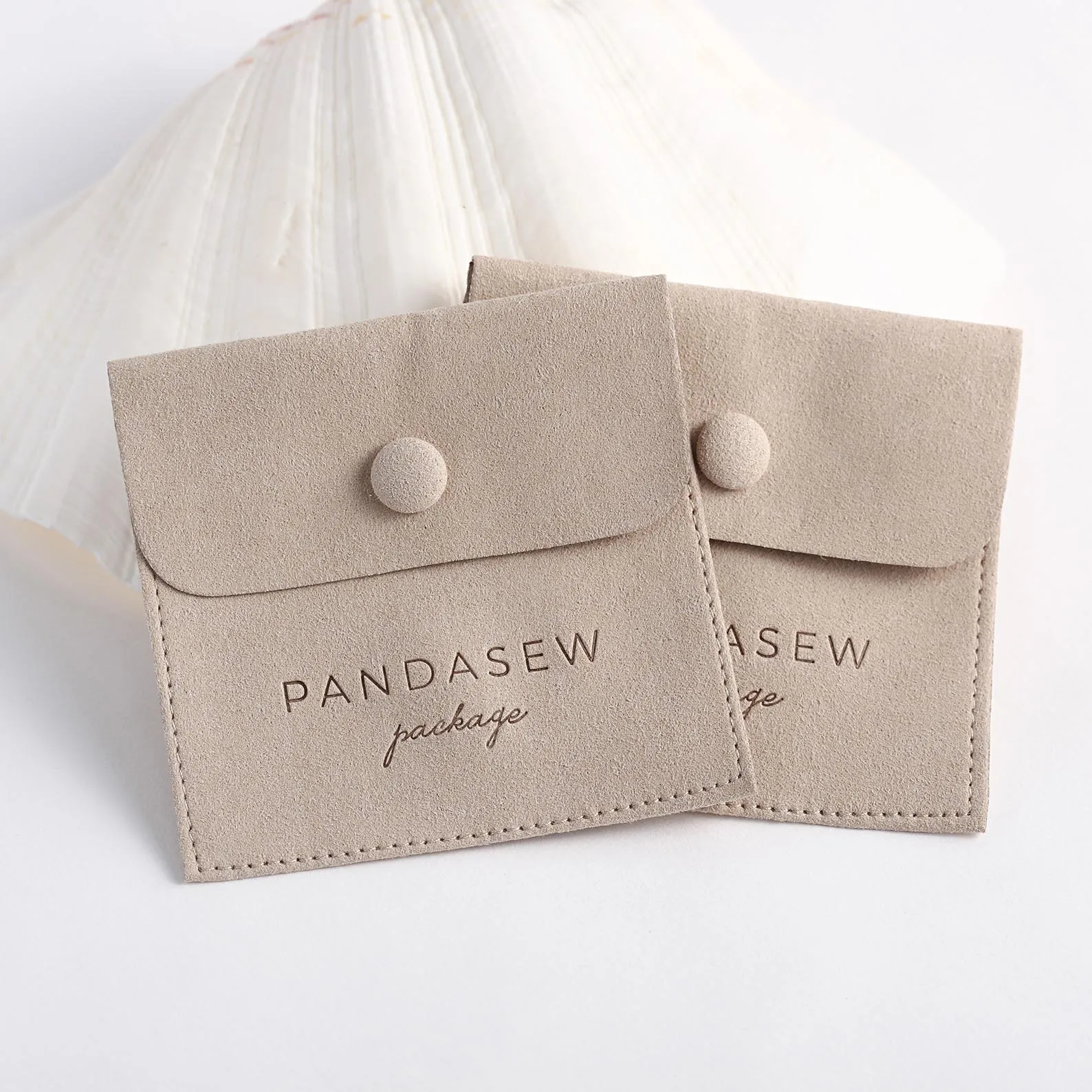 PandaSew Custom Logo Ring Packaging Suede Microfiber Snap Button Closure Jewelry Pouch Bags