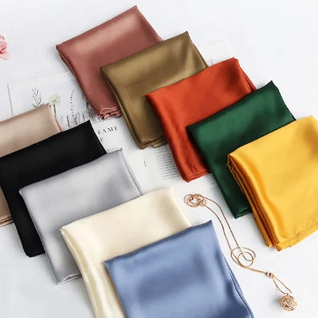 High quality cheap 70*70 pure plain scarves shawls stain solid green polyester scarf silk neck other scarves for women
